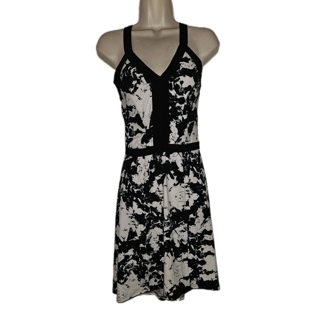 Soybu‎ Amble Womens XS V Neck Tank Dress Criss Cross Back Black White Abstract